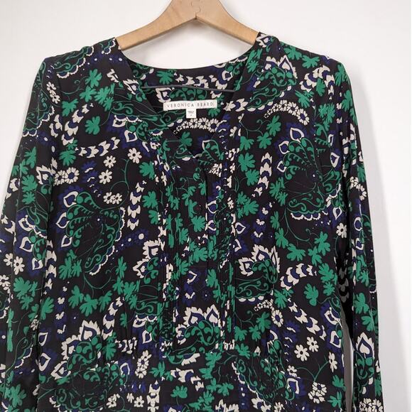 Veronica Beard Elm Silk Shirtdress V-Neck Pleated Green Floral Size 2 Preowned - Picture 5 of 13